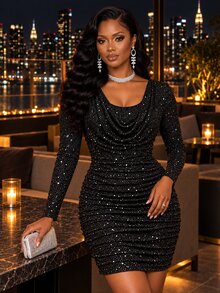 SHEIN Lady Women's Cowl Neck Long Sleeve Sequin Pleated Fitted Elegant Short Dress - Black - View 3