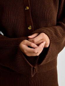 Muchica Ribbed Knit Shirt Collar Cardigan & Wide Leg Pants Co-Ord Set Dark Brown AW25 - Brown - View 6