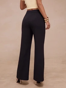 Glamine Women's Autumn Fashion New Chinese Style Frog Button One-Piece Wrap 2 In 1 Design Mid-Waist Flared Wide Leg Long Pants, Elegant Solid Color Trousers For Daily Wear And Commute - Black - View 2