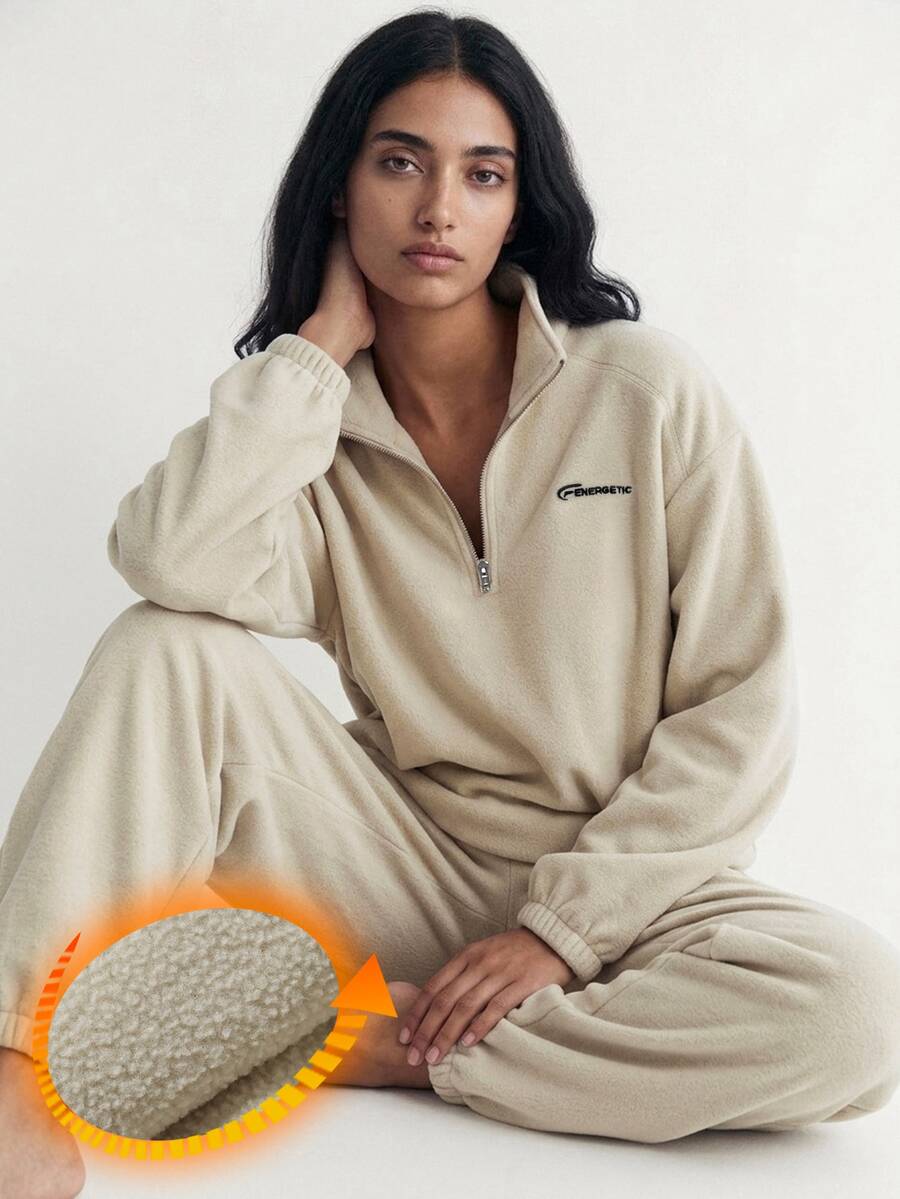 DAZY Women's Letter Pattern Long Sleeve Thermal Lined Sweatshirt And Pants Casual Pajama Set - Khaki - View 1