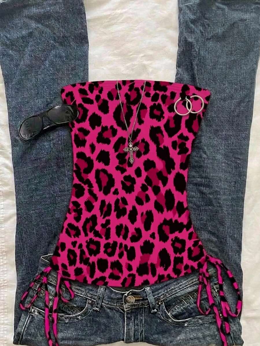 Attitoon Women's Casual Fitted Tube Top, Fuchsia Leopard Print Top - Multicolor - View 1