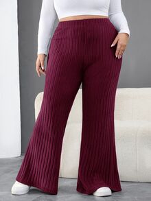 SHEIN CURVE+ 大尺碼女款黑色羅紋喇叭褲，秋冬季 - 酒紅色 - 查看 6