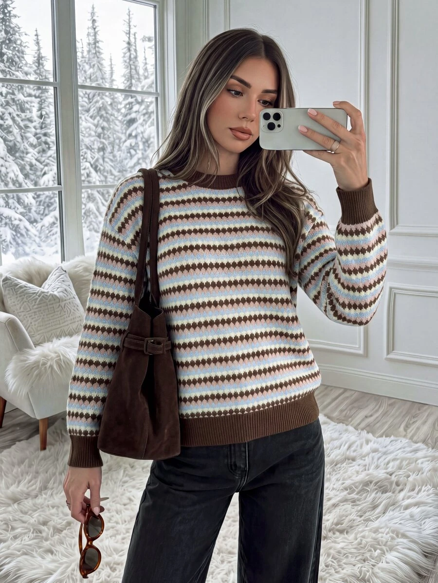 Easowa Women's Streetwear Striped Colorblock Long Sleeve Sweatshirt - Multicolor - View 1