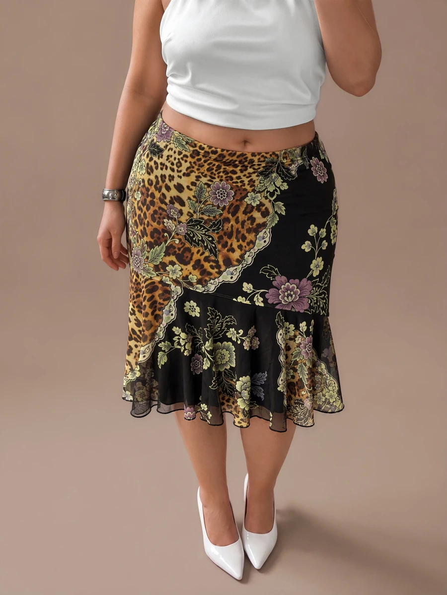 SHEIN BAE CURVE تنورة نسائية بمقاس كبير بطبعة نمر متعددة الألوان، تنورة أنيقة بطول متوسط - متعدد الألوان - مشاهدة 1