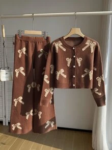 Tween Girl Bow Pattern Long Sleeve Top And Pants Knit Set - Brown - View 8