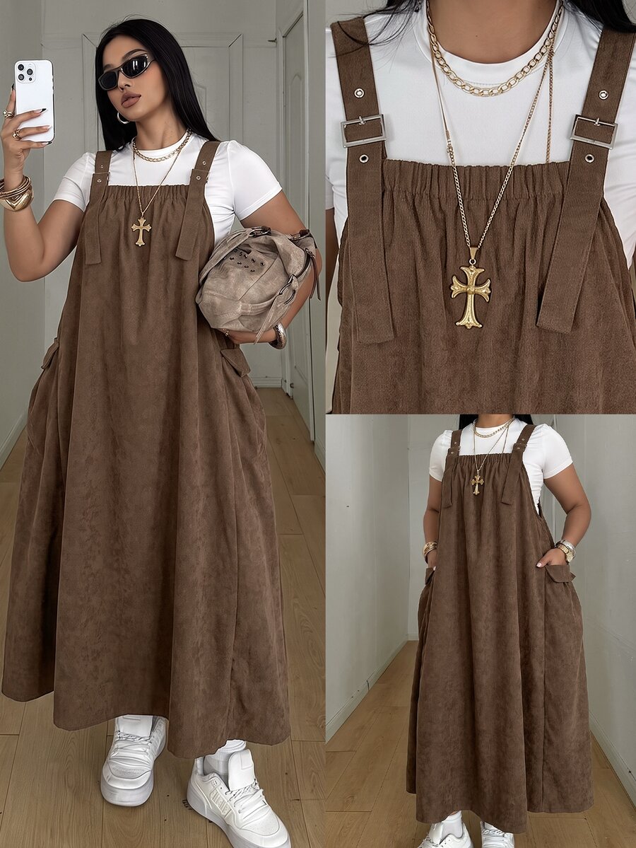 POPSWAY Plus Size Women's Casual Soft Form Commute Formal Office Utility White Pastel Overall Dress Autumn - Brown - View 1