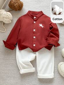 PrepCrw 男嬰/幼兒 2件組秋冬休閒可愛棕色襯衫套裝，嬰兒冬季衣著套裝，復古風 - 棕色 - 查看 6