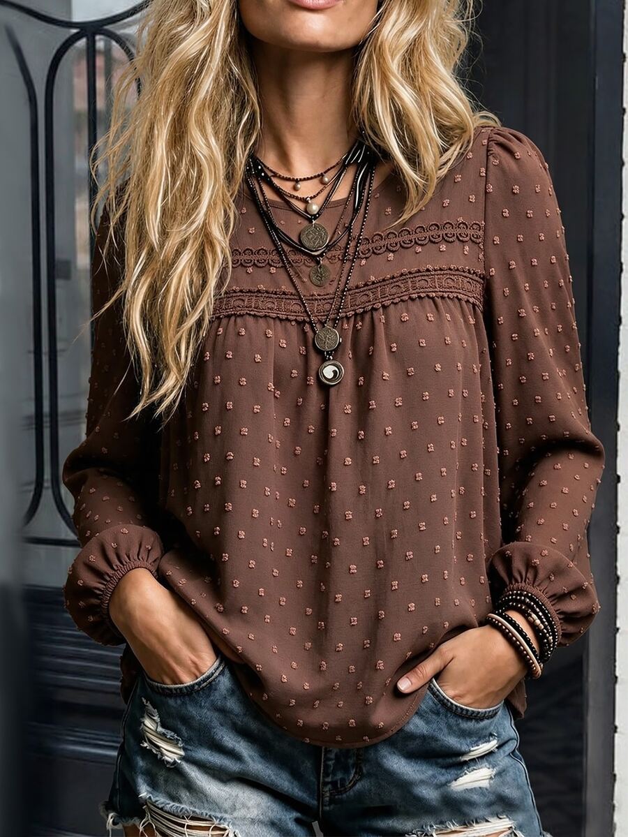 LanaWest Petite Women's Solid Color Contrast Lace Round Neck Lantern Sleeve Blouse - Coffee Brown - View 1
