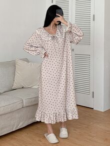 DAZY Women's Lace Patchwork Sweet Heart-Shaped Striped Pattern Loose Long Sleeve Dress Nightgown - Purple - View 9