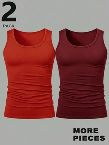 Manfinity Homme 2 Packs Men's Solid Color Round Neck Casual Versatile Tank Top, Holiday - Red - View 4