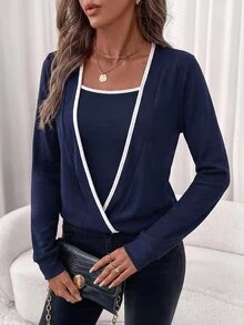 SHEIN Clasi 女款休閒黑白對比色極簡重疊設計長袖衛衣，適合度假、通勤、教師、返校、秋季 - 藏蓝色 - 查看 7