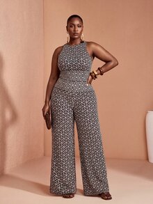 JIAN LASALA Jumpsuit nữ size lớn ống rộng không tay vải lưới in toàn thân phong cách Boho thanh lịch cho mùa hè, đi biển và du lịch - Nhiều màu - Xem 1