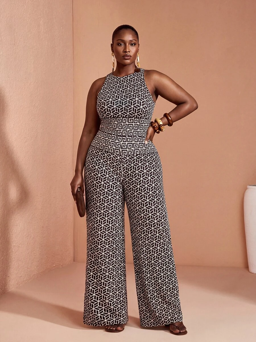 JIAN LASALA Jumpsuit nữ size lớn ống rộng không tay vải lưới in toàn thân phong cách Boho thanh lịch cho mùa hè, đi biển và du lịch - Nhiều màu - Xem 1
