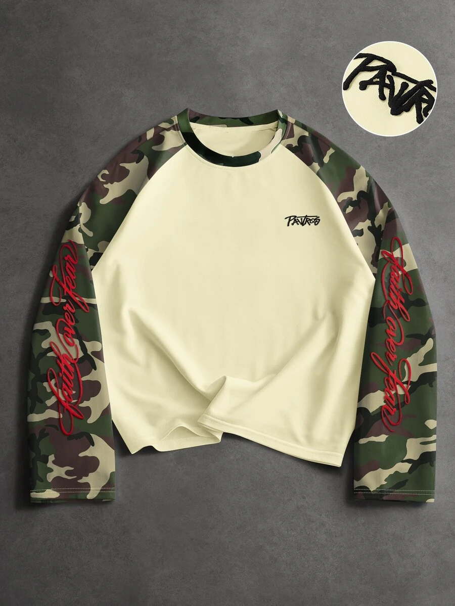 PAVTROS Men's Camouflage Patchwork Letter Print Raglan Sleeve T-Shirt - Multicolor - View 1
