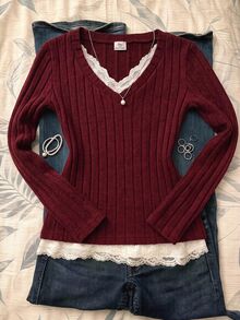 SHEIN 青少年女孩酒紅色復古甜辣風V領修身假兩件式蕾絲拼接長袖T恤，適合日常通勤、上學、街頭穿搭與度假 - 酒紅色 - 查看 1