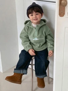 DAZY 幼兒男童連帽仿羊羔絨英文刺繡運動衫 - 綠色 - 查看 3