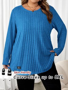 SHEIN CURVE+ 大尺碼女款字母印花拼接設計 T-shirt 藍綠色 秋季 - 寶藍色 - 查看 8