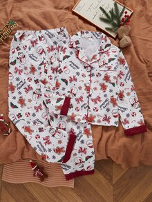 SHEIN 聖誕主題居家服，彩色聖誕元素印花，女童大童睡衣，長袖翻領開襟衫配長褲，休閒舒適兩件套 - 彩色 - 查看 6