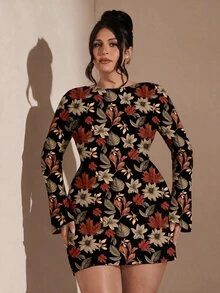 SHEIN BAE Plus Size Vintage Leaf Print Dress - Multicolor - View 4