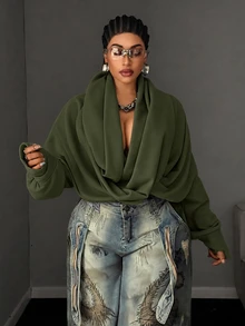 Maweii European And American Hot Girl Style Ruched Criss-Cross Wrap Neck Cropped Sweatshirt, Solid Color Drop Shoulder Long Sleeve Exposed Midriff Top Fall - Army Green - View 6