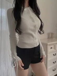 DAZY Solid Color Slim Fit Drawstring Tie Elegant Vacation Korean Style Autumn/Winter Women's Cardigan - White - View 9