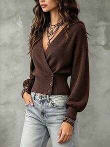 SHEIN PariChic Women Boho Wrap VNeck Cropped Sweater, Puff Long Sleeve Button Side Ribbed Hem Knit Top, Casual Fall Solid Color Knit Pullover - Coffee Brown - View 5