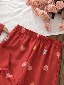 SHEIN 女童聖誕愛心印花細肩帶背心與寬腿褲兩件套，泡泡紋理面料甜美聖誕套裝，家庭親子搭配款 4-7Y - 酒紅色 - 查看 5