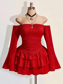 SHEIN ICON 女款純色抓皺露肩休閒派對迷你洋裝 - 紅色 - 查看 9