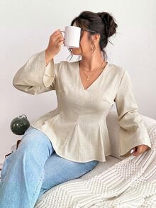 Lounesse Plus Size Women's Solid Color V-Neck Long Sleeve Waist-Cinching Casual Blouse - Apricot - View 5