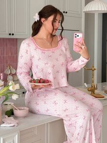 Slumberry CURVE Sweet Ins Bow Print Lace Patchwork Long Sleeve Knit Plus Size Pajama Set - Pink - View 1