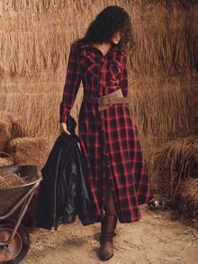 SHEIN Women's Elegant Plaid Button-Down Long Sleeve Dress In Red - Red - View 5