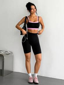 Dewbera Dewbera 1pc Black Pink Contrast Fake TwoPiece Sports Bra, Adjustable Straps, Slim Fit, Suitable For Yoga, Workout, Fitness, Summer - Black - View 5