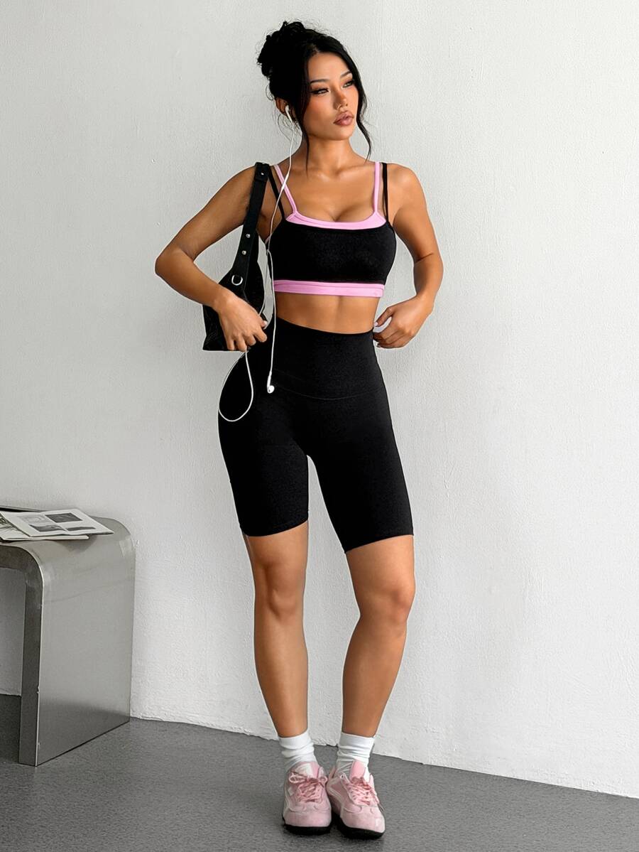 Dewbera Dewbera 1pc Black Pink Contrast Fake TwoPiece Sports Bra, Adjustable Straps, Slim Fit, Suitable For Yoga, Workout, Fitness, Summer - Black - View 1