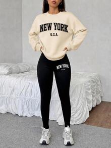 SHEIN EZwear 寬鬆圓領運動衫與緊身內搭褲2件套，紐約英文印花圖案 - 杏色 - 查看 1