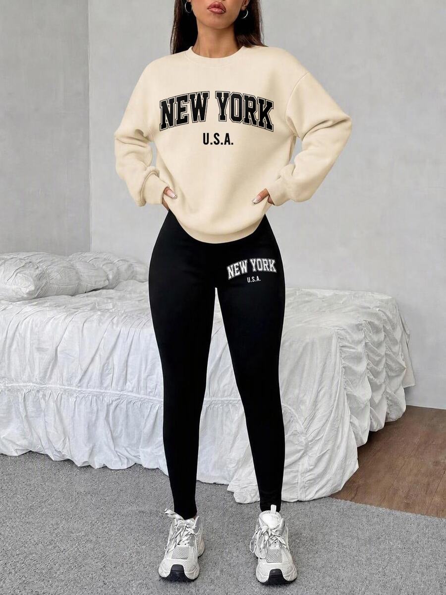 SHEIN EZwear 寬鬆圓領運動衫與緊身內搭褲2件套,紐約英文印花圖案 - 杏色 - 查看 1
