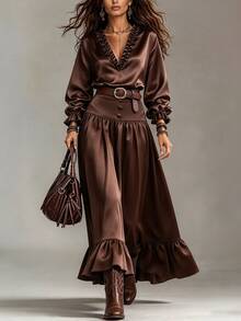 LUMIGAL Women's V-Neck Ruffle Long Sleeve Top And Skirt Casual Set - Brown - View 4