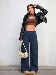 SHEIN Unity 大尺碼 Y2K 時尚破舊水洗低腰寬鬆牛仔褲 - 深色水洗藍 - 查看 6