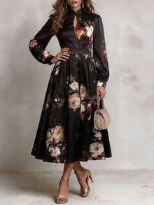 Solivie Women's Autumn Black Printed Chinese Style Dress - Black - View 7
