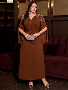 SHEIN Clasi Plus Size Elegant Casual Rhinestone Button V-Neck Dress Cocktail Dinner Brown - Brown - View 2