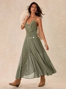 Easelle Women's Lace Patchwork Casual Party & Travel Dress - Green - View 3