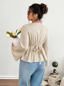 Lounesse Plus Size Women's Solid Color V-Neck Long Sleeve Waist-Cinching Casual Blouse - Apricot - View 2