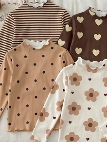 SHEIN تي شيرت كاجوال بياقة عالية وأكمام طويلة للفتيات الصغيرات - متعدد الألوان - مشاهدة 5