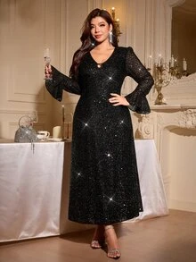 Reflora Plus Size Women Solid Color Sequin Bell Sleeve Back Neck Tie Design Elegant Dress - Brown - View 2