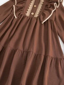 SHEIN Tween Girl Woven Contrast Color Lace Ruffle Collar Casual Dress - Coffee - View 5