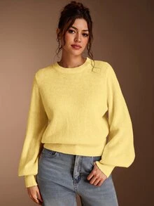 SHEIN BASICS 女款休閒百搭米白色圓領長袖針織毛衣，秋季女裝，適合上班、日常、居家、辦公室穿搭 - 淡黃色 - 查看 4
