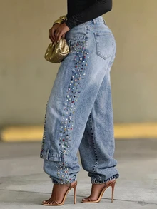 BriallanyX BriallanyX Plus Size Design Rhinestone Button Denim Jogger Pants - Blue - View 6
