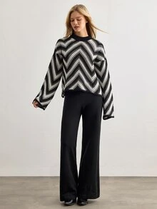 SHEIN Black Beige Pattern Knit Sweater And Wide Leg Pants Co-Ords Set –Oversized Geometric Jacquard - Black and White - View 3