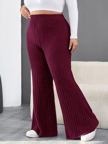 SHEIN CURVE+ 大尺碼女款黑色羅紋喇叭褲，秋冬季 - 酒紅色 - 查看 5