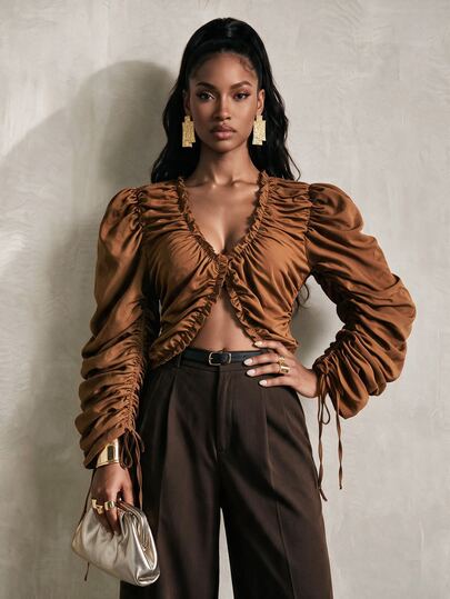 BamGlimmer Autumn Camel Color European & American Style Sexy Women's Long Sleeve Top, Drawstring Ruffle Collar & Sleeves, Suitable For Vacation, Travel, Party, Nightclub, Rave And Other Occasions