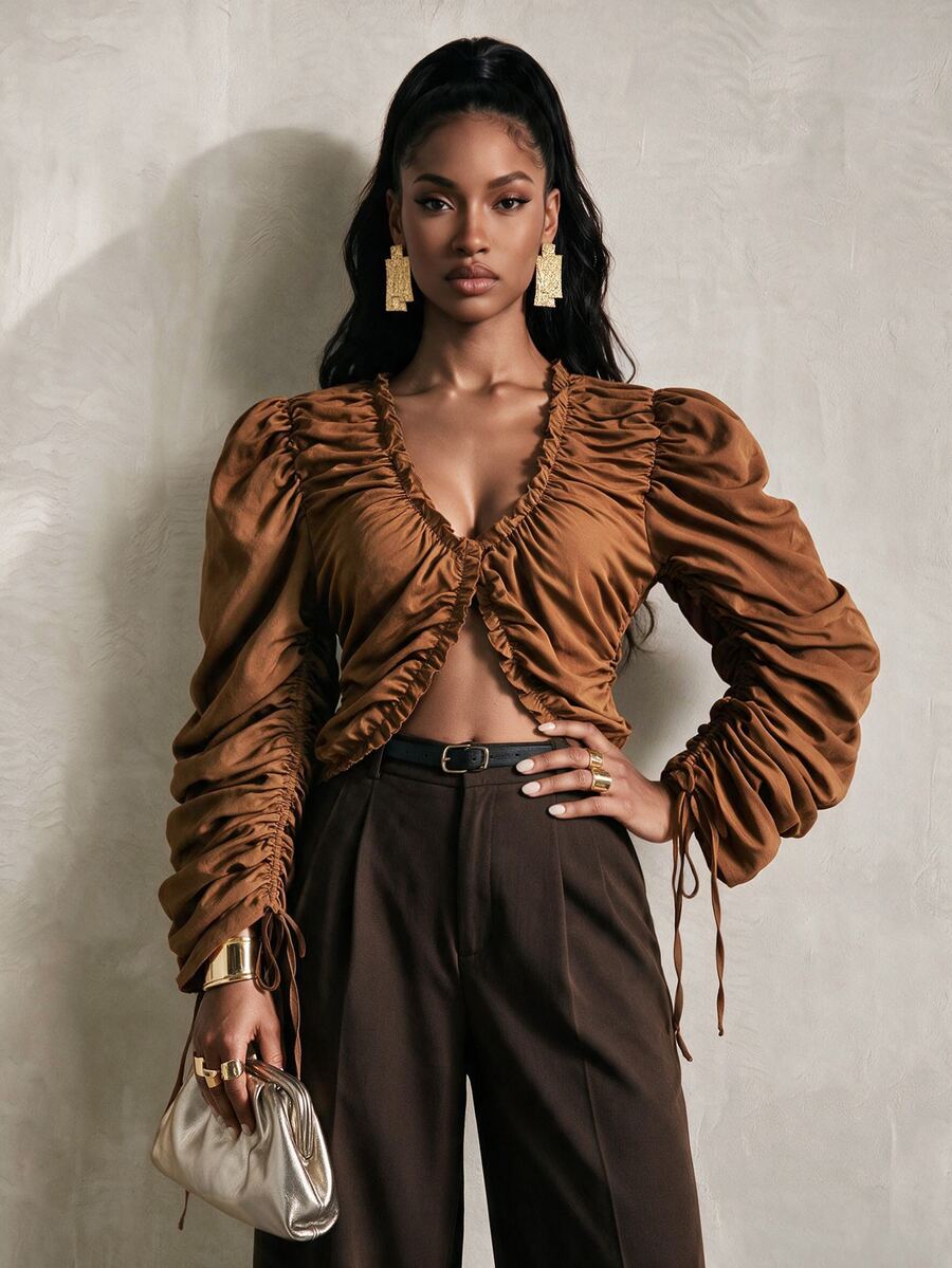 BamGlimmer Autumn Camel Color European & American Style Sexy Women's Long Sleeve Top, Drawstring Ruffle Collar & Sleeves, Suitable For Vacation, Travel, Party, Nightclub, Rave And Other Occasions - Rust Brown - View 1